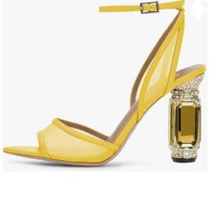 FSJ Yellow Crystal Heel Sandals Open Toe Ankle Strap Mesh Chunky Heel Shoes